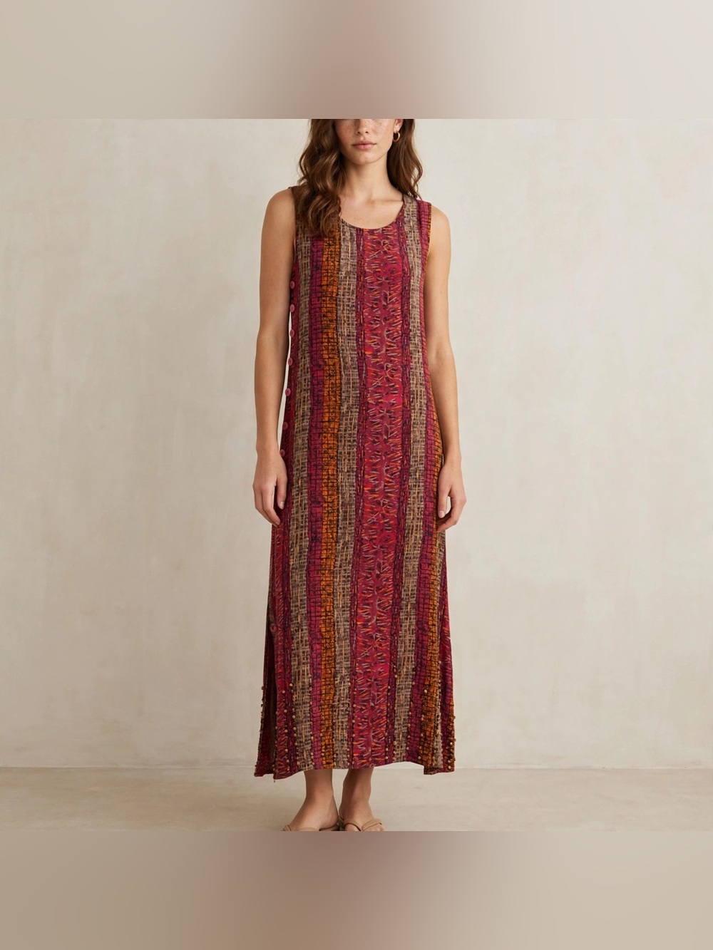 Mantles Boho Beaded Bottom Sleeveless Midi Dress Burgundy Orange Striped Size M